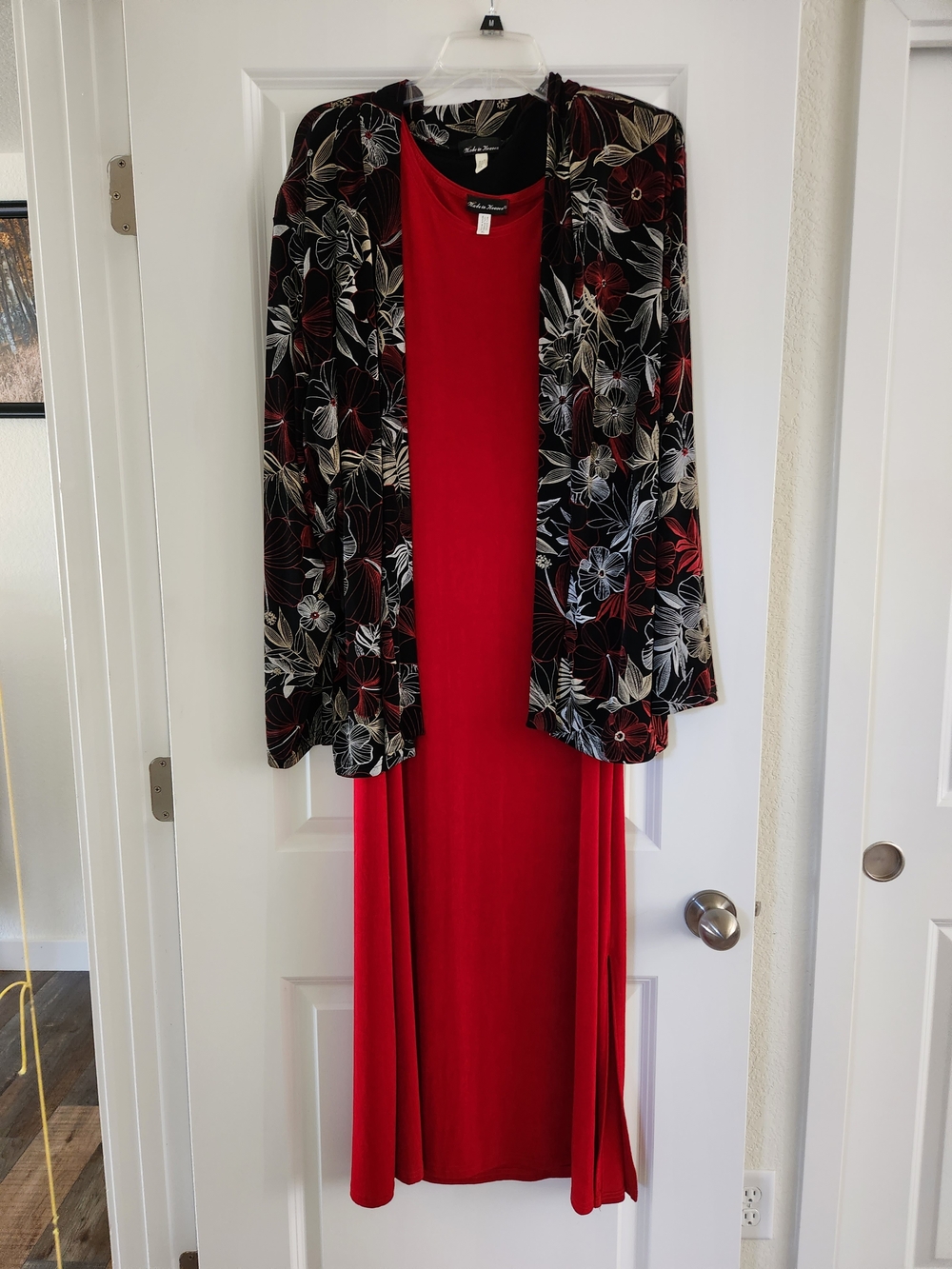 Red Maxi Dress with Floral Black Jacket